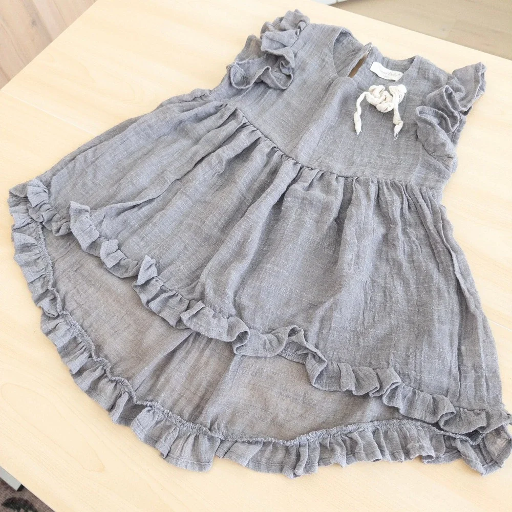 Forever Baby Girls Dress 4T Gray‎ Cotton Ruffle Tiered Gauze Neutral Cottage